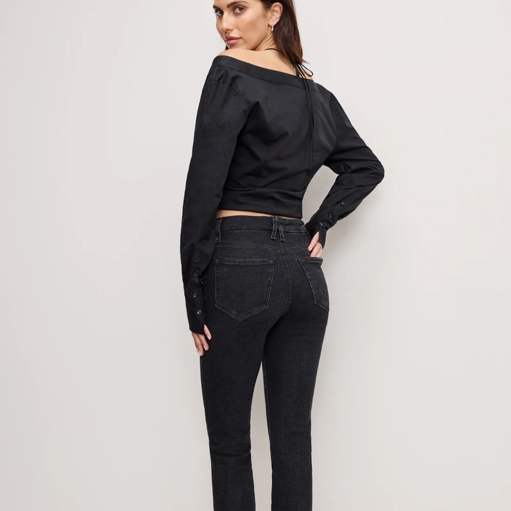 New Good American Black Jeans Button Front HI Rise Straight Leg Frayed Hem Sz 15